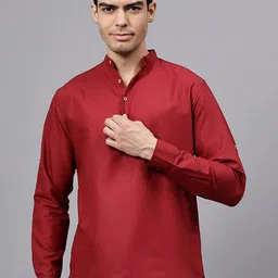 Dmkt Woven Design Mandarin Collar Roll Up Sleeves Straight Cotton-picture-30