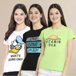 Metronaut Women Pack Of 3 Typography Printed Round Neck Cotton Donald Duck T-shirts-picture-33