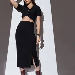 Globus Women Black Mid-Rise Solid Stretchable Front Slit Midi Workwear Pencil Skirt-picture-29