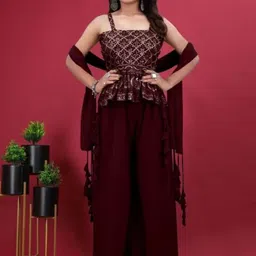 PARROT CREATION Women Embroidered Regular Sequinned Kurti with Sharara & With Dupatta-picture-40