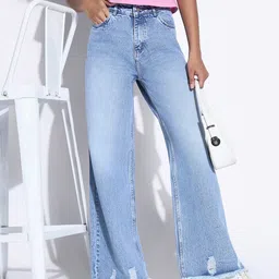 SHOWOFF Women Comfort Wide Leg Low Distress Light Fade Cotton Jeans-image-84