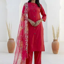 VredeVogel Women Solid Straight Kurta with Trousers & Dupatta-picture-26