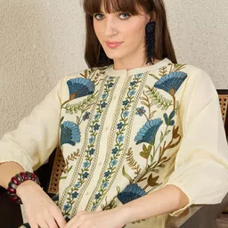 Indo Era Floral Embroidered Mandarin Collar Thread Work Straight Cotton Kurta & Palazzos image 4