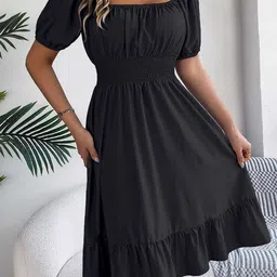 DressBerry Women Square Neck Puff Sleeve Fit & Flare Dress-picture-31