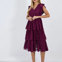 Styli Women V-Neck Ruffle Sleeves Tiered Midi Dress-picture-24