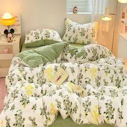 JC HOME Green & Cream-Coloured Floral Polycotton 4 Piece Double King Regular Bedding Set-picture-15