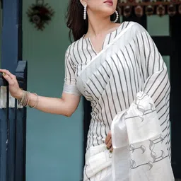 MAHARANI COUTURE Striped Pure Linen Saree With Blouse Piece image 5