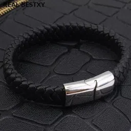 meenaz Metal, Silver, Alloy, Stainless Steel, Steel, Leather Platinum, Rhodium, Black Silver Bracelet image 2