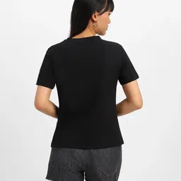 juneberry Women Solid V Neck Pure Cotton Black T-Shirt image 3