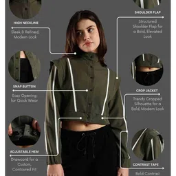 DOMIN8 Women Crop Jacket with Snap Button Closure & Elastic Drawstring Waist image 5