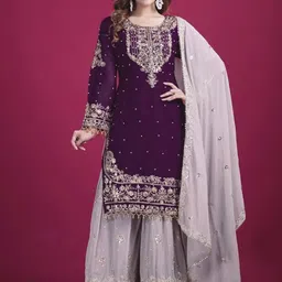 MISS CLOTHING Women Woven Design Embroidered Kurta with Sharara & Dupatta-image-10