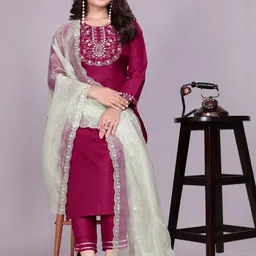 AVNISA ENTERPRISE Women Ethnic Motifs Thread Work Kurta with Trousers & Dupatta image 3