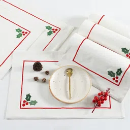 Ratan Cart 6-Pcs White & Red Embroidered Cotton Table Placemats-image-39