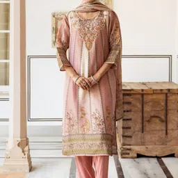 Sangria Women Peach & Beige Tissue Simmer Round Neck Kurta Sets image 5