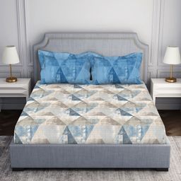SPACES Blue & White Geometric Pure Cotton 144 TC Queen Bedsheet & 2 Pillow Covers-picture-41