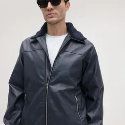 The Roadster Life Co. Faux Leather Spread Collar Bomber Jacket with Sherpa Detail-picture-10