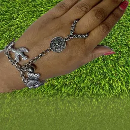gurjari jewellers Silver Oxidised Multiple Charms Panja Link Bracelet image 3