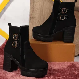 Kliev Paris Women Platform Block Heel Ankle Boots with Double Buckle Straps-picture-17