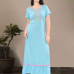 Soulemo Women Yoke Design Ethnic Motifs Embroidered Round Neck Maxi Nightdress-image-18