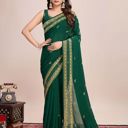 ODETTE Green Silk Blend Embroidered Saree With Unstitched Blouse For Women-picture-22