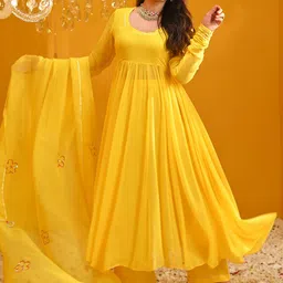 DIVASTRI Women Anarkali Pleated Kurta & Trousers With Sequinned Dupatta-picture-11