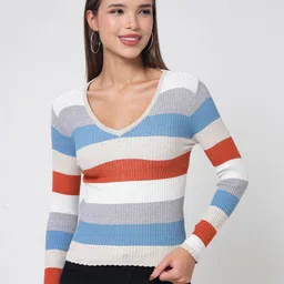 Kalt Women Colourblocked V-Neck Cotton Pullover-picture-20