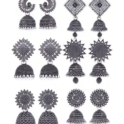 MEENAZ Set Of 6 Silver-Plated Oxidised Dome Shaped Jhumkas-image-78