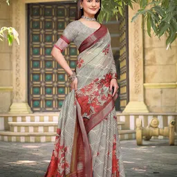 PHEASANT Floral Printed Pure Linen Saree image 3