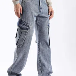 HERE&NOW Men Baggy fit Mid-Rise Low Distress Light Fade Cotton Jeans-picture-33