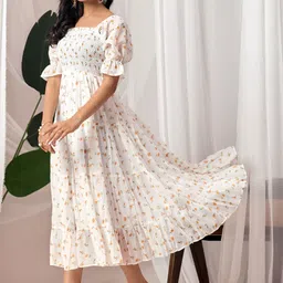 Ironic Creation Women Floral Printed Puff Sleeve Georgette Fit and Flare Midi Dress image 5