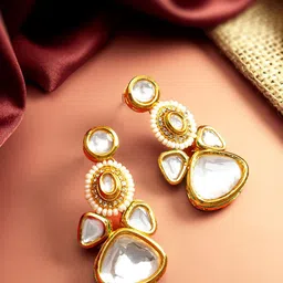 Anouk Gold-Plated Kundan Studded & Beads Contemporary Shaped Drop Earrings-image-34