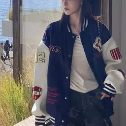 KPOP Women Brand Logo Colourblocked Varsity Jacket with Embroidered-picture-18