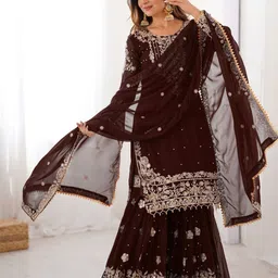 ODETTE Ethnic Motifs Embroidered Beads And Stones Georgette Kurta With Sharara & Dupatta-picture-30