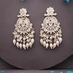 Lyriss Gold Plated Artificial Stones Studded and Beaded Contemporary Shaped Drop Earrings-picture-10