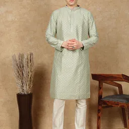 House of Pataudi Geometric Embroidered Sequinned Mandarin Collar Kurta With Trousers-image-30