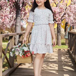 Tiny Girl Off White Floral Printed Puff Sleeves Midi Dress-picture-27
