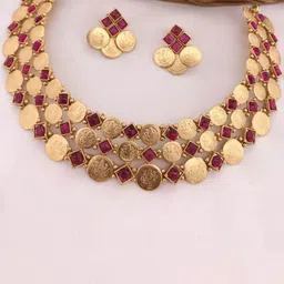 Gyaan Jewels Gold-Plated Artificial Stone-Studded Temple Necklace & Earrings-picture-30
