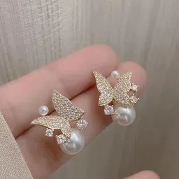 DIVASTRI Gold-Plated Artificial Stones Studded & Pearls Beaded Korean Quirky Drop Earrings image 4