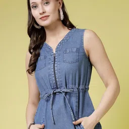 BEING NAUGHTY Women Cotton V-Neck Sleeveless Denim Sheath Mini Dress-image-57