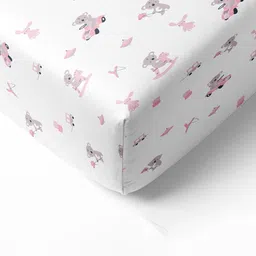 The White Cradle Pink & White Cartoon Characters Printed Cotton 120 TC Fitted Crib Sheet-image-60