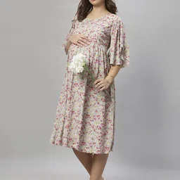 Mammas Maternity Women Floral Printed Flared Sleeve Maternity Empire Midi Dress-image-21