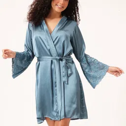 Clovia Women Self Design Bath Robe Flared Sleeves with Tie-Up Belt-picture-10