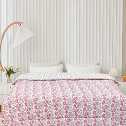 Aura White & Pink Floral Printed Microfiber AC Room 300 GSM Double Bed Comforter-picture-17