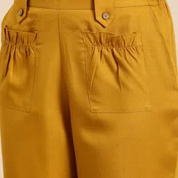 Bannos Swagger Mustard Yellow V-Neck Tie Up Linen Top With Trousers image 3