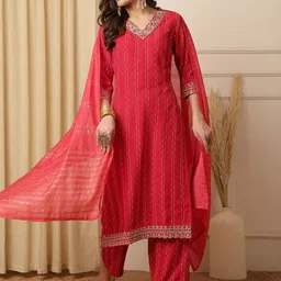 Anouk Floral Printed V-Neck Sequinned Straight Kurta With Trousers & Dupatta image 1