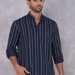 Crimsoune Club Striped Band Collar Long Sleeves Pure Cotton Straight Kurta-image-37