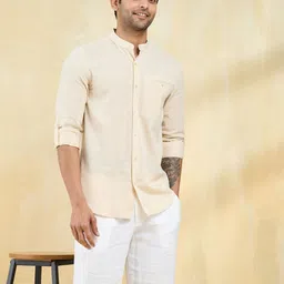 Fabindia Men Slim Fit Solid Band Collar Cotton Casual Shirt-picture-35