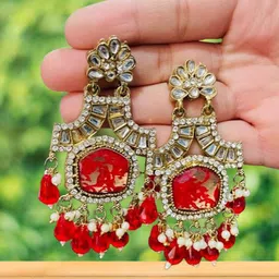 OPUS GEMS Artificial Stones Studded & Beaded Floral Shaped Drop Earrings image 4