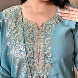 Moda Rapido Women Ethnic Motifs Embroidered Regular Thread Work Chanderi Cotton Kurta with Trousers & With image 4