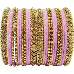 Qufrozy Set Of 24 Pink Glass Artificial Stones & Beads Bangle-image-30